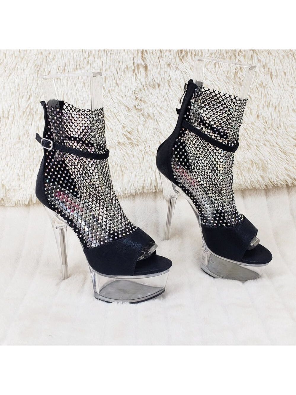 Black Mesh Rhinestone Clear Platform 6" High Heels Bridget